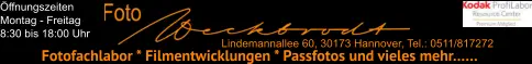 Öffnungszeiten Montag - Freitag 8:30 bis 18:00 Uhr  Lindemannallee 60, 30173 Hannover, Tel.: 0511/817272 Fotofachlabor * Filmentwicklungen * Passfotos und vieles mehr……